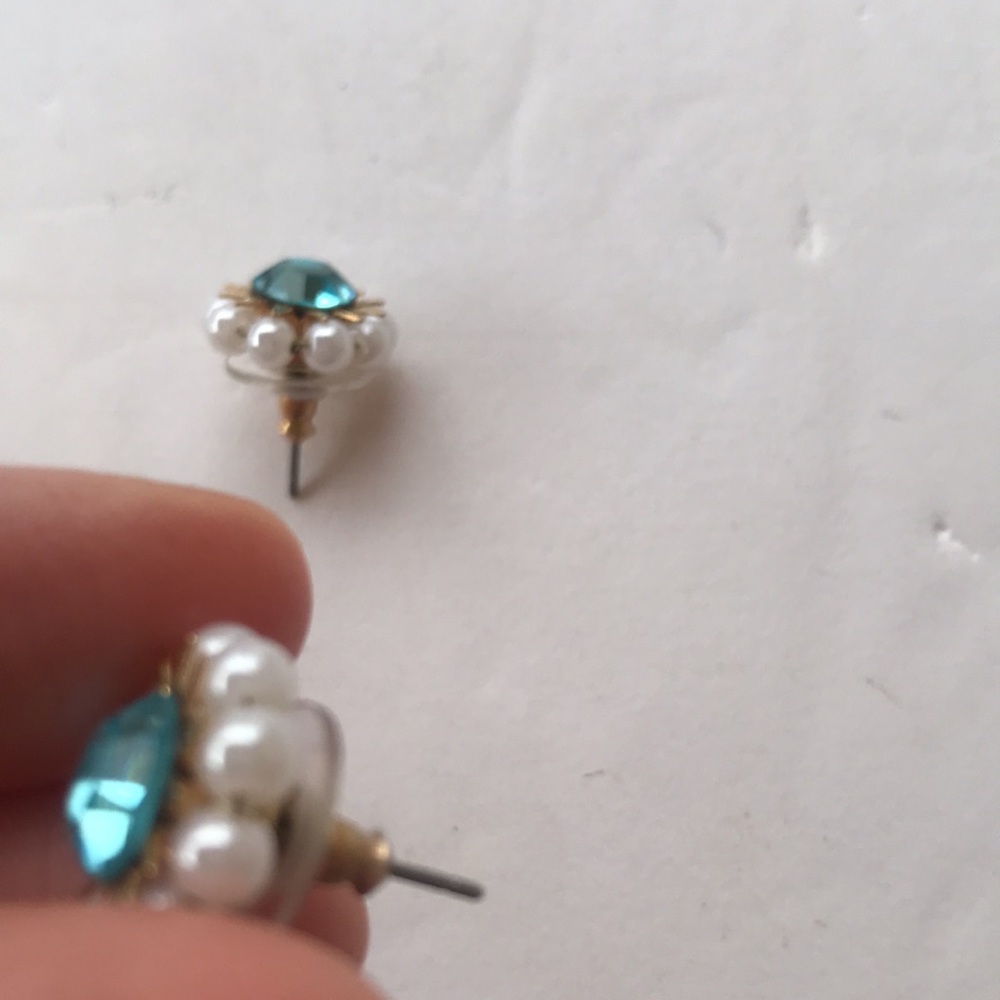 Y2k Betsey Johnson Stud Pearl Blue Gold Gem Tiffany Teal Vintage Sun Star Burst - Picture 8 of 12